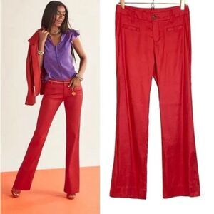 Cabi Red Pants Linen Blend High Waisted flare Valentine Size‎ 10 L